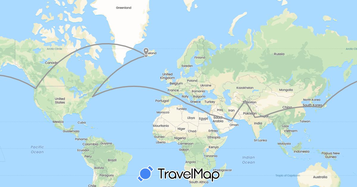 TravelMap itinerary: driving, plane in United Arab Emirates, India, Iceland, Italy, Jordan, Japan, Nepal, United States, Uzbekistan (Asia, Europe, North America)